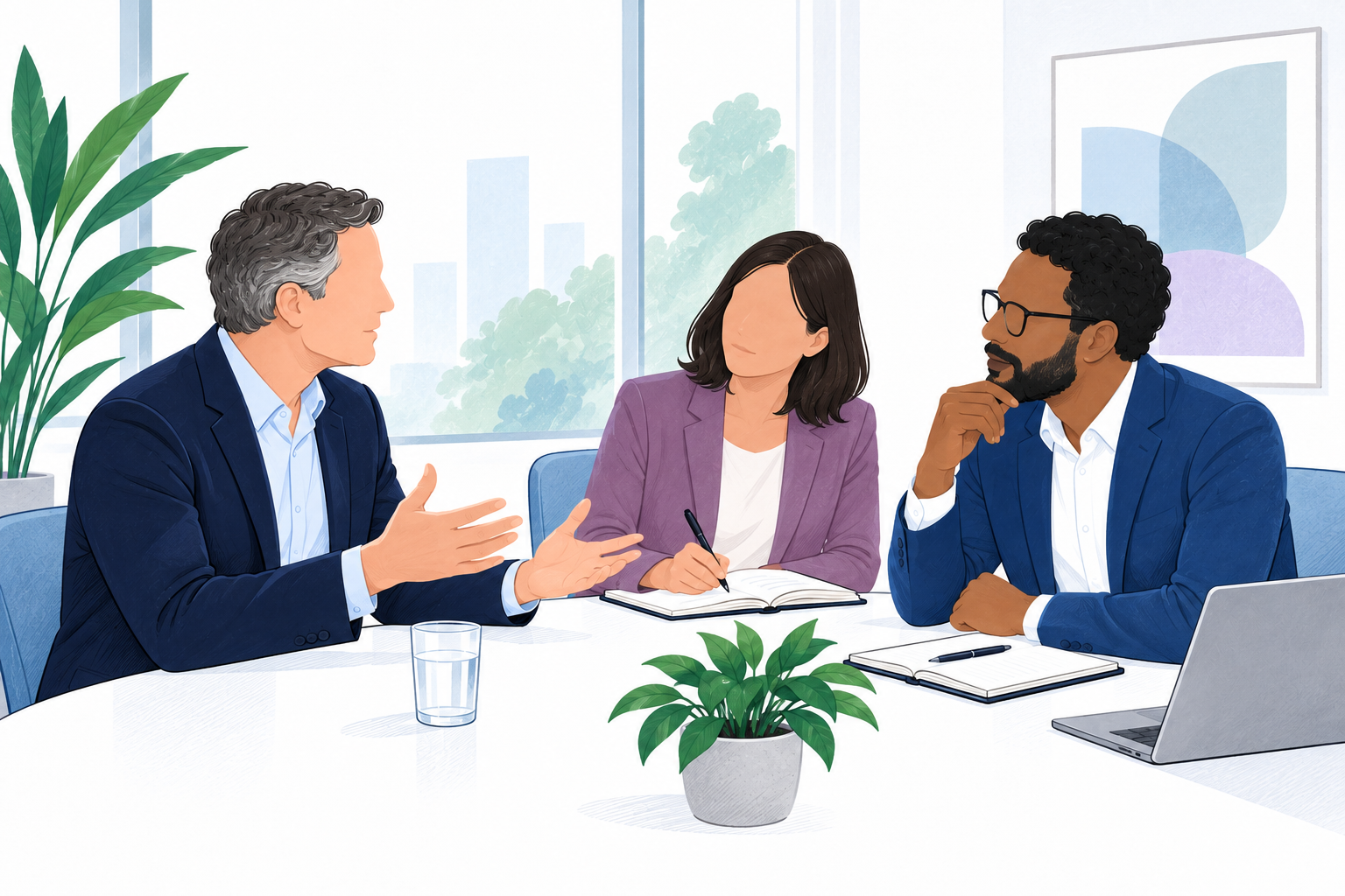 A professional-services adviser listens attentively while a client explains a business priority in a bright meeting room.