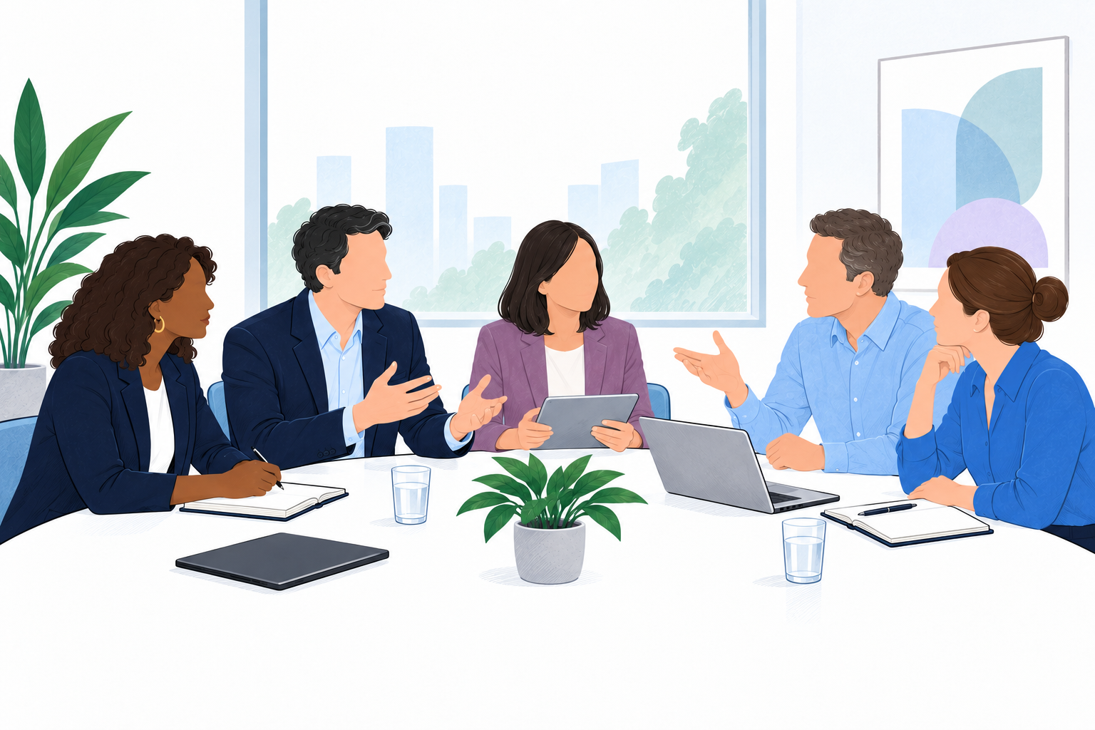 An audit and advisory team listens and responds to a client during a competitive professional-services pitch.