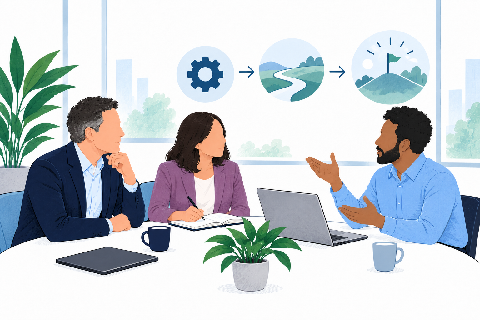 A software specialist listens as a client explains a desired business outcome during an IT sales conversation.