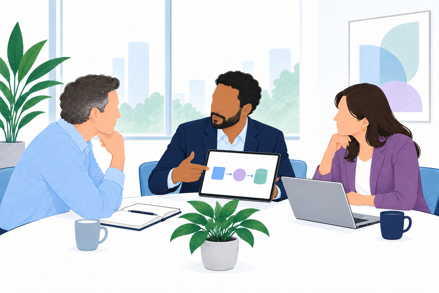A technical expert gives a clear response to a client's concern while a commercial colleague supports the conversation.