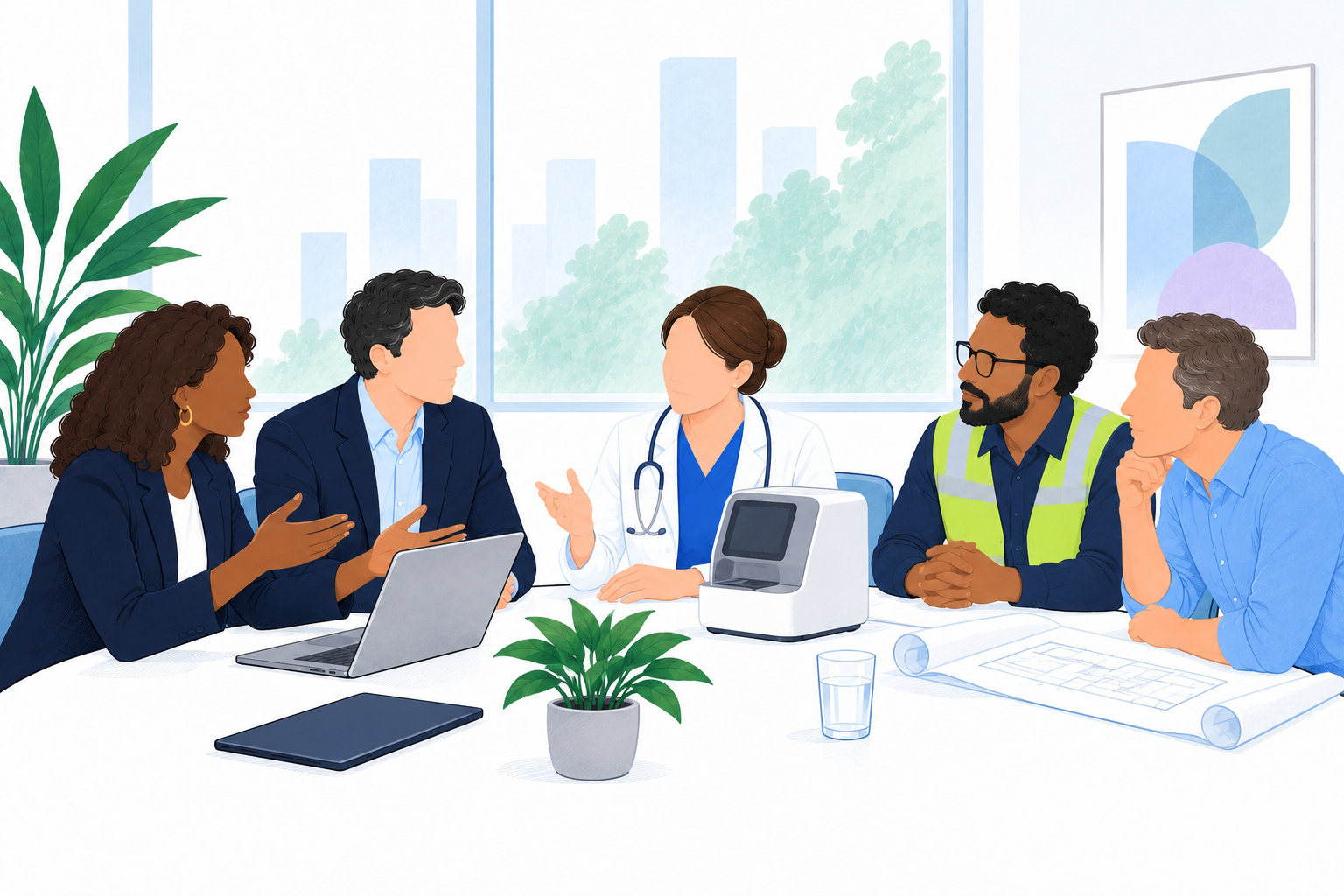 A Technology and MedTech team listens to clinical, industrial and infrastructure stakeholders during a complex solution discussion.