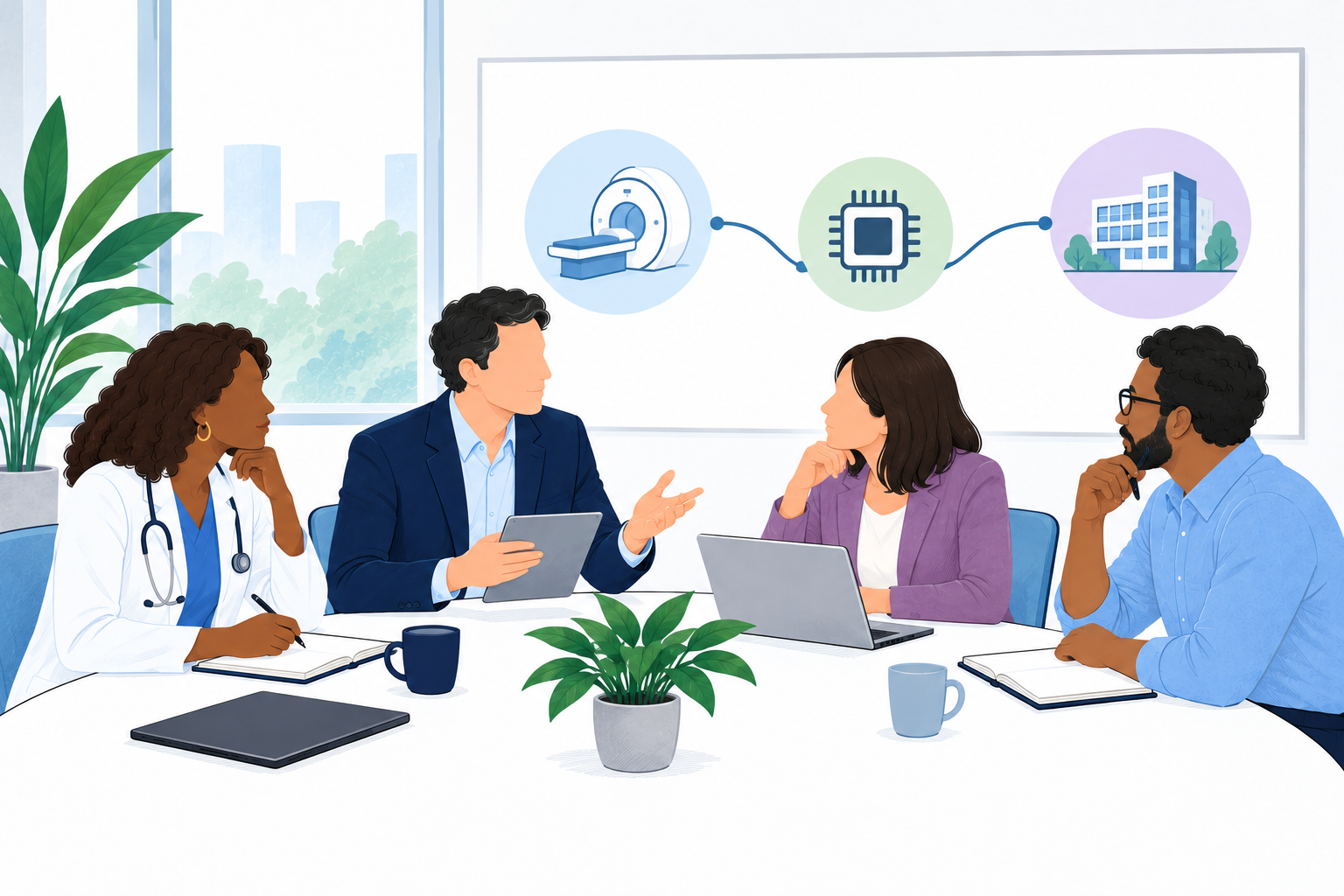 A Technology and MedTech team revisits stakeholder priorities and evidence during a long sales cycle.