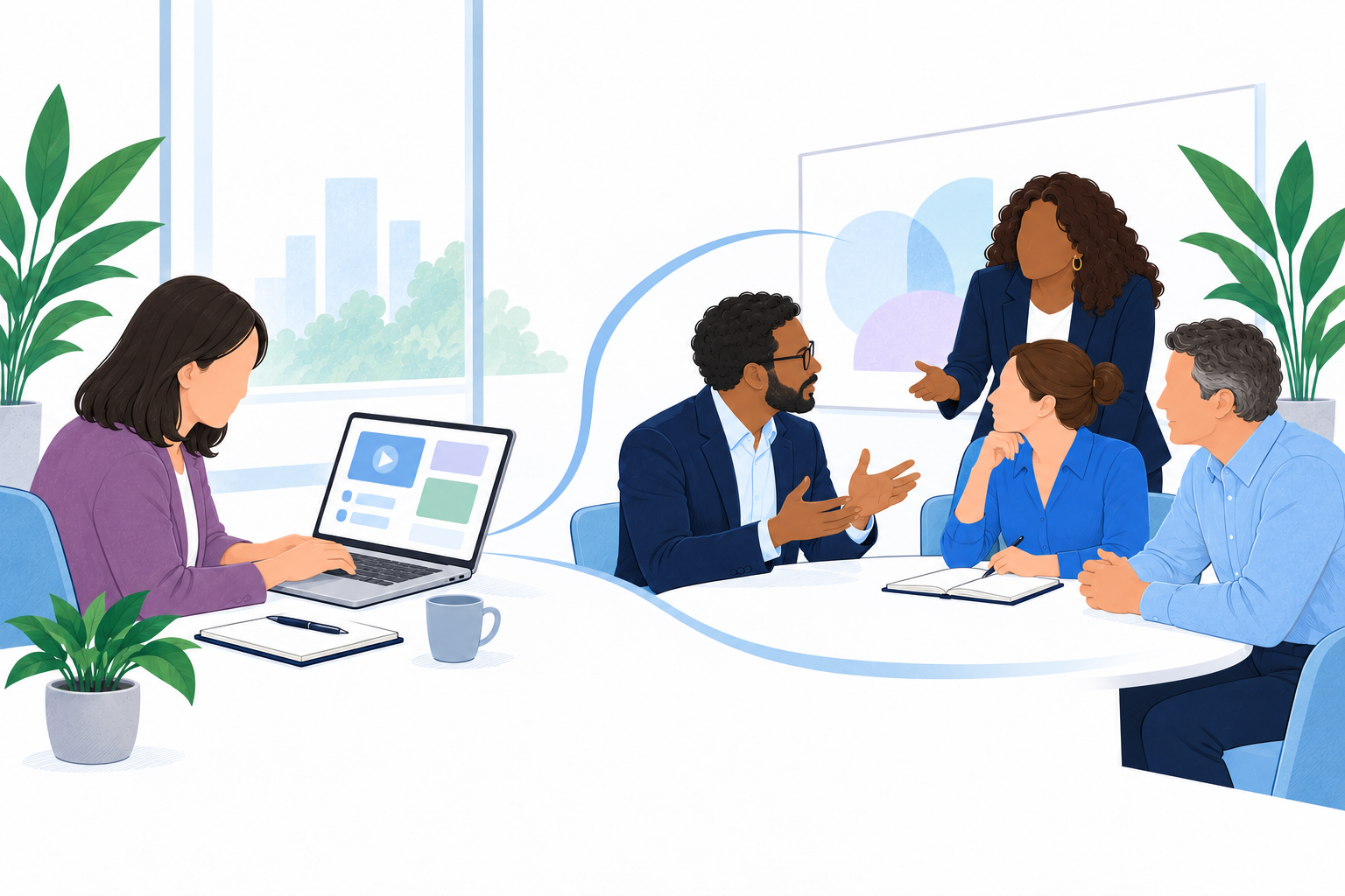 A diverse sales team compares independent online learning with guided buyer-conversation practice.