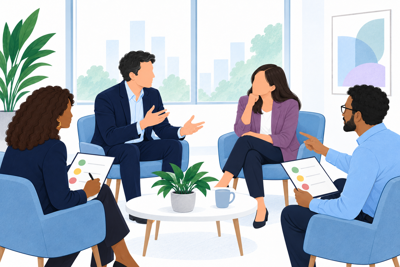 A diverse sales team practises attentive listening and receives focused behavioural feedback.