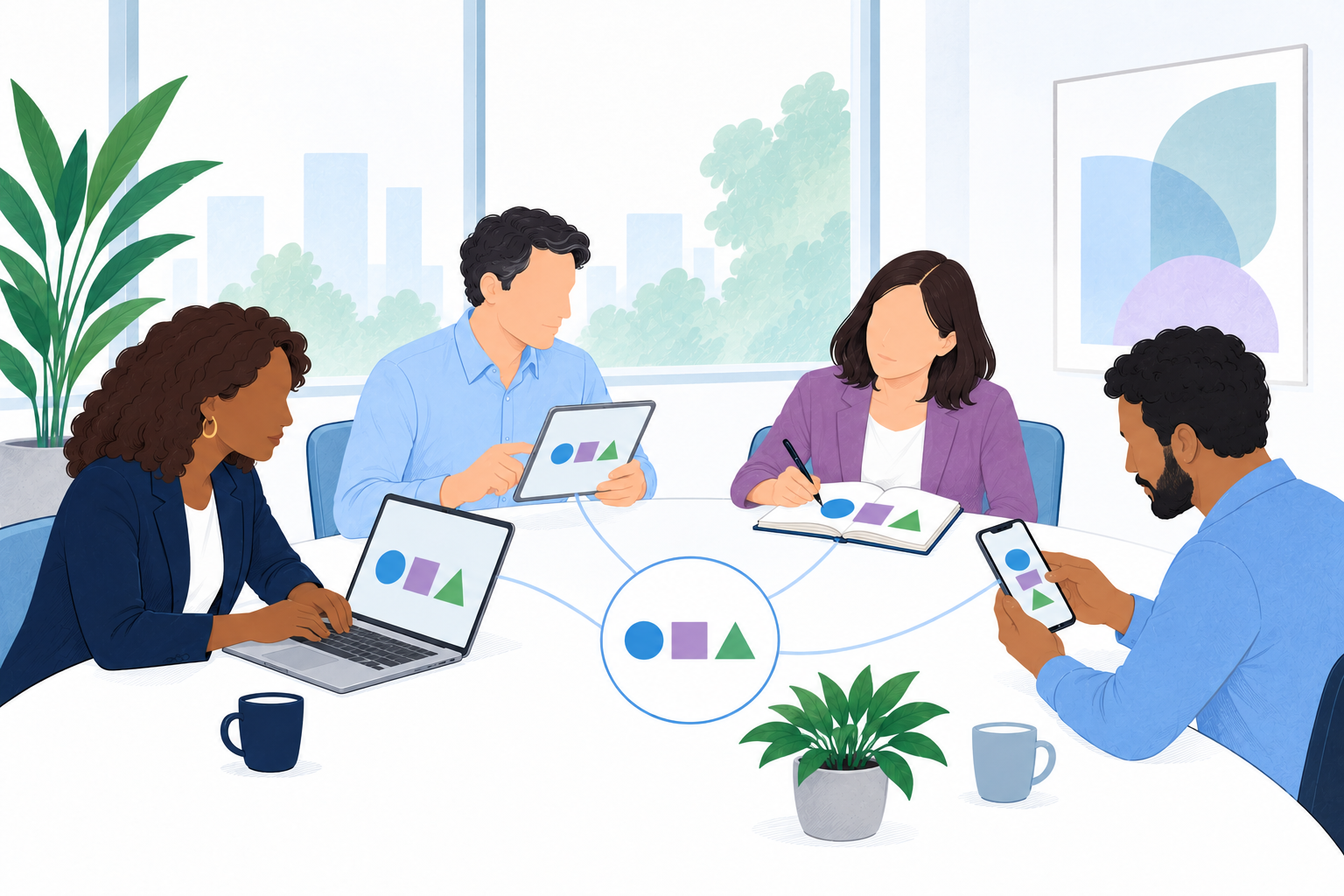 Four diverse sales professionals complete self-study using the same shared learning baseline.