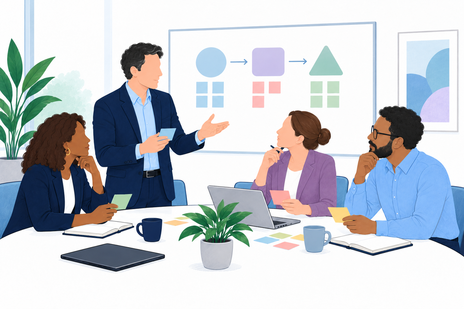 A diverse professional team prepares a high-stakes B2B pitch around client priorities and relevant evidence.