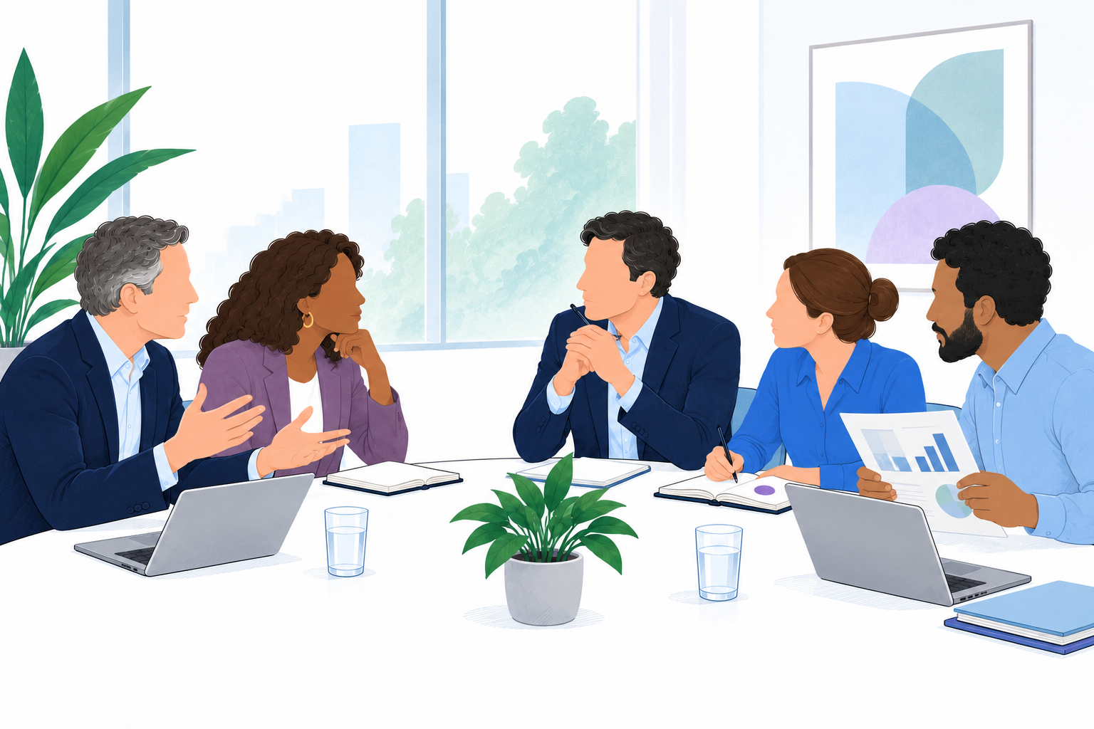 A diverse pitch team listens carefully to a client panel and adapts its response to their concerns.