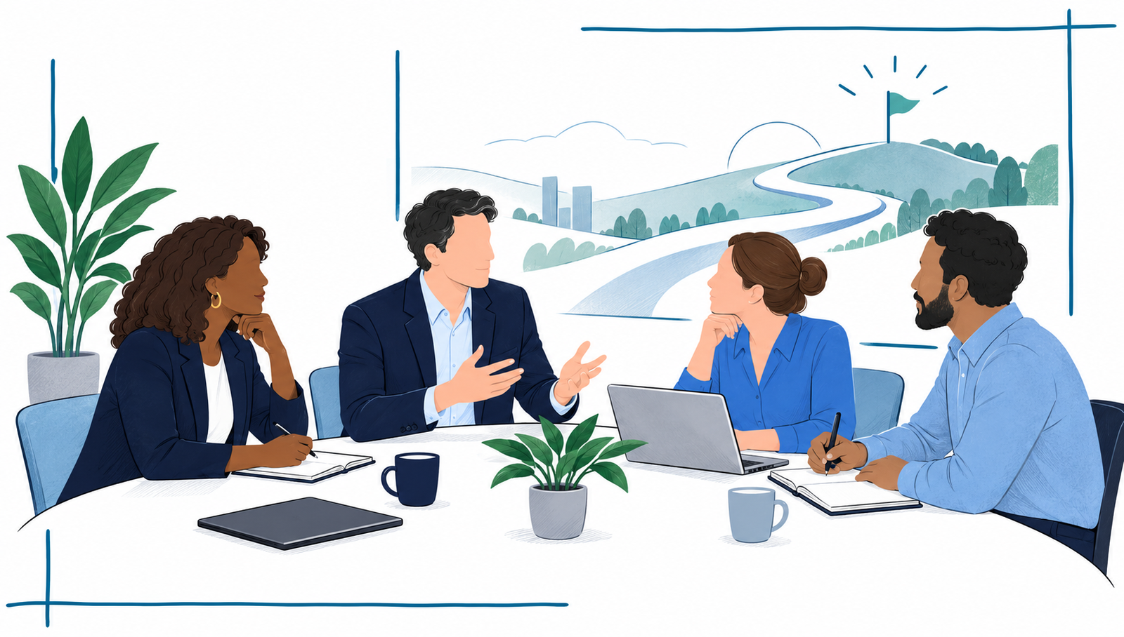 Professional-services advisers listen to a client and connect expertise with a clearer business decision.